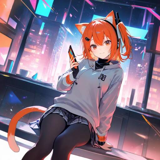 Elated Girl with Cat Ears in Loft