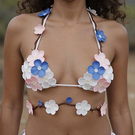Photograph of a woman with curly hair wearing a white string bikini adorned with blue, pink, and white flower-shaped fabric.