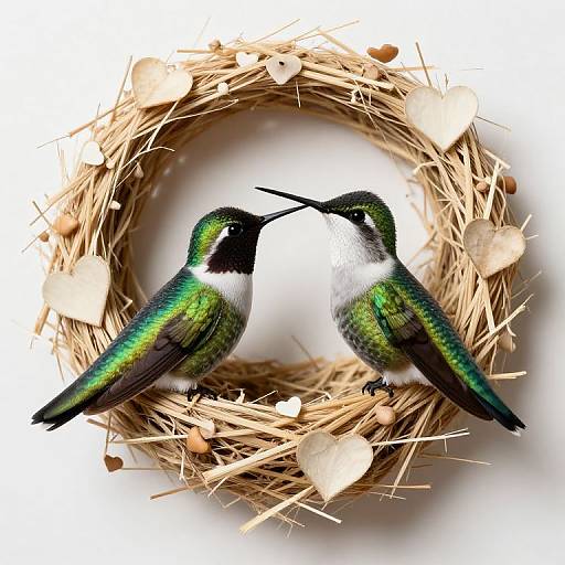 Photograph of two vibrant green, black, and white hummingbirds facing each other inside a circular, straw-woven nest with beige leaves.