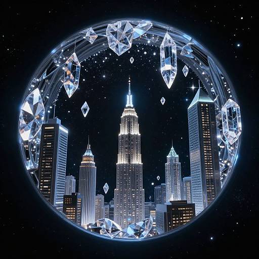 Digital artwork of a glowing, illuminated New York City skyline with crystalline ice shards orbiting a circular frame in a starry night sky.