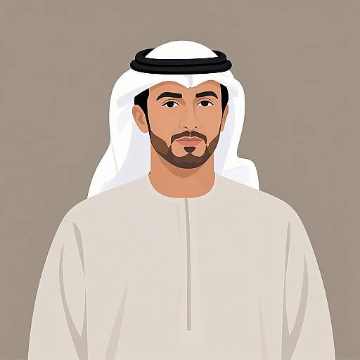 Digital illustration of a Middle Eastern man with light brown skin, black beard, black eyes, wearing a white thobe and white and black kufi