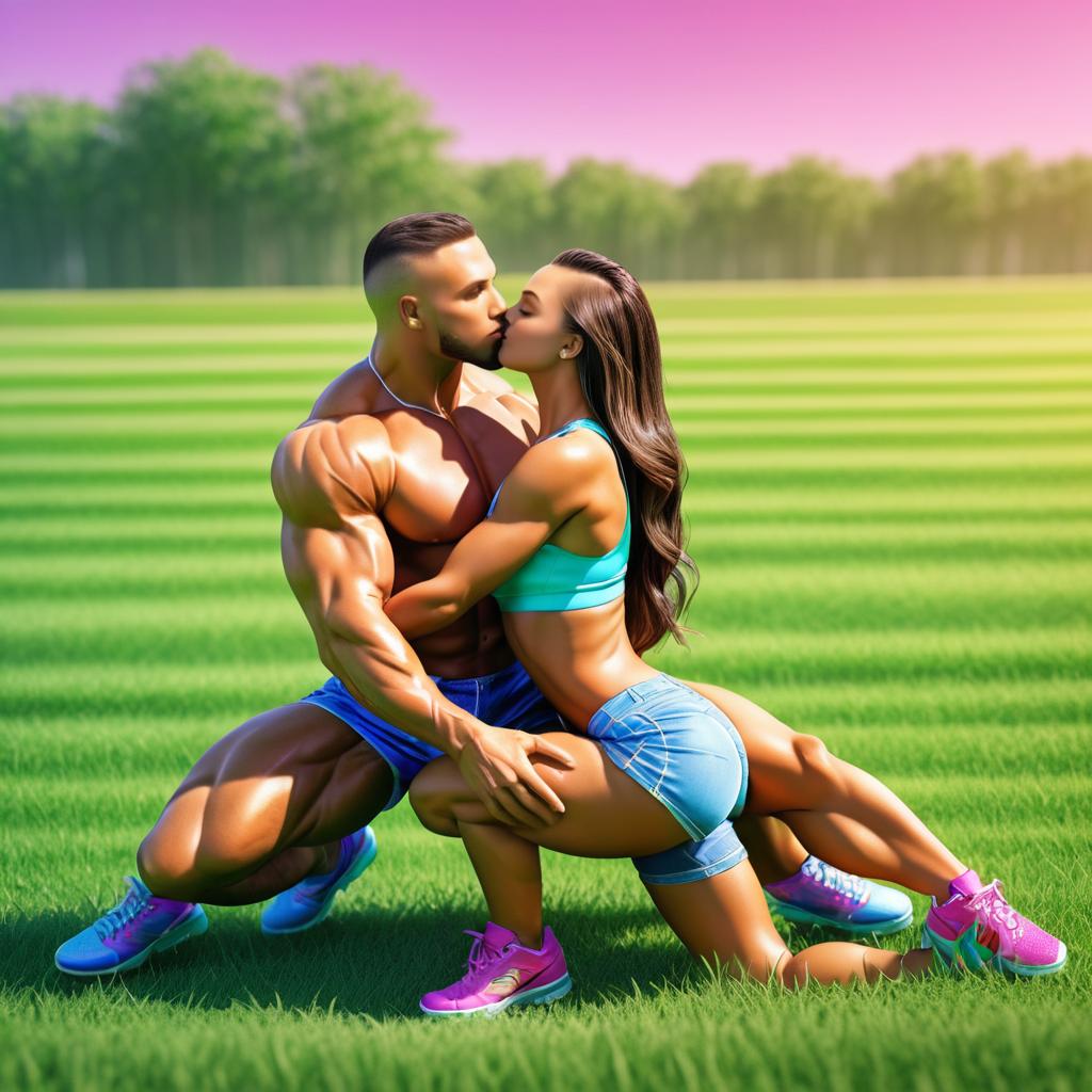 Romantic Field Kiss: Bodybuilder & Fashionista