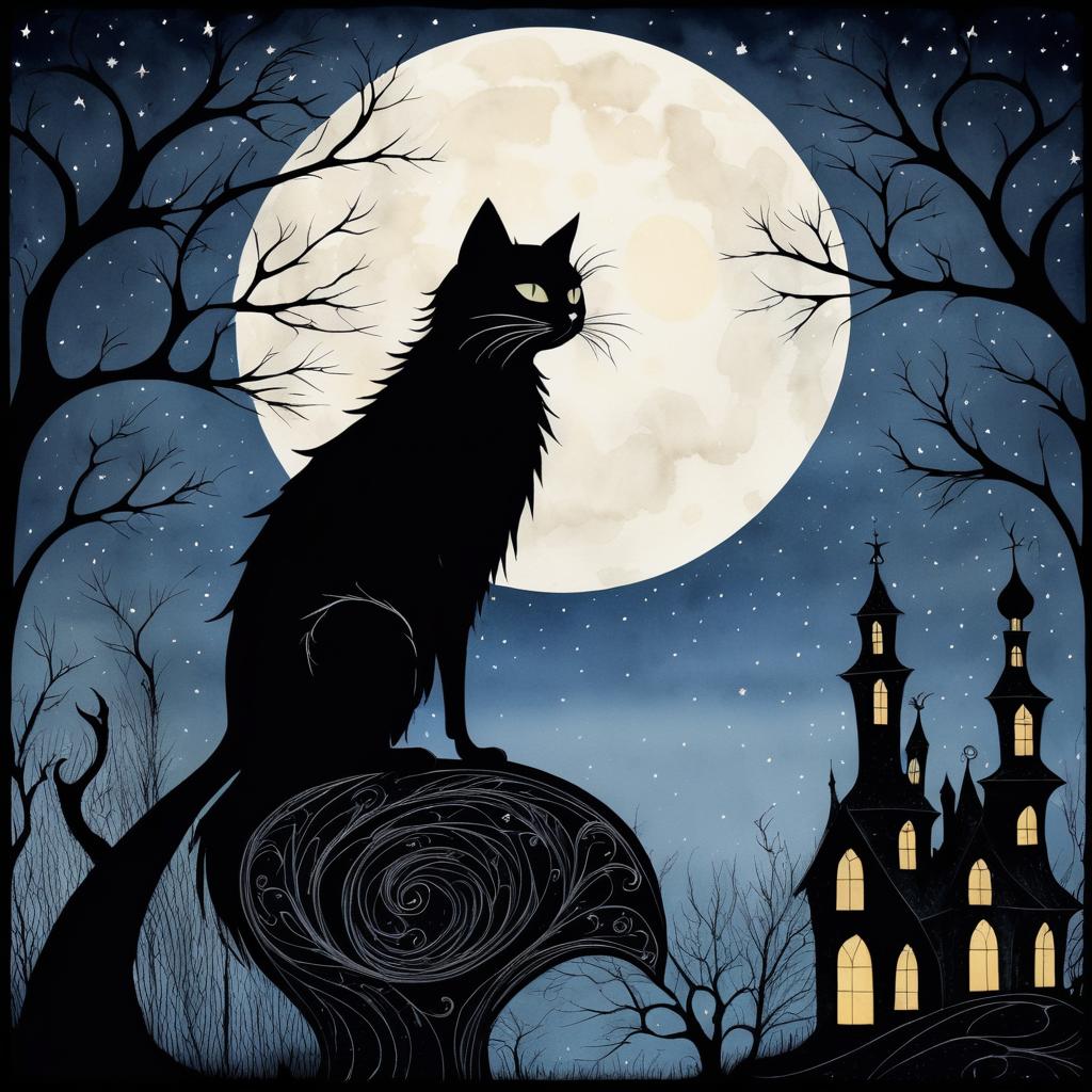 Melancholy Cat in Whimsical Nightscape