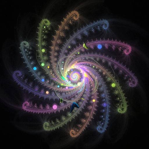 Digital abstract art: vibrant, swirling, multicolored fractal spiral with glowing colors and intricate, feather-like textures against a black background.