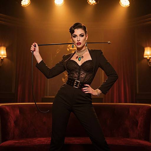Photograph of a confident woman in black lace top and pants, holding a whip, standing in a dimly lit, elegant room with warm, yellow