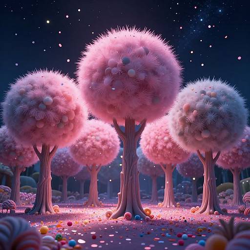 Digital CGI artwork of surreal, glowing pink and white fluffy trees under a starry night sky, surrounded by colorful scattered orbs.