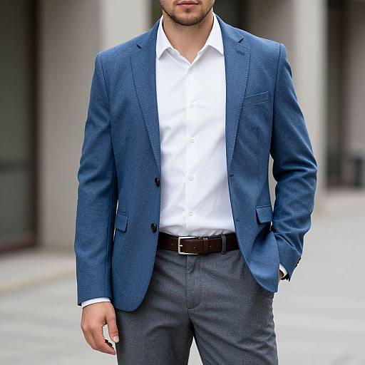 Photograph of a well-dressed man in a blue checkered suit jacket, white shirt, and gray pants, standing on a city street.