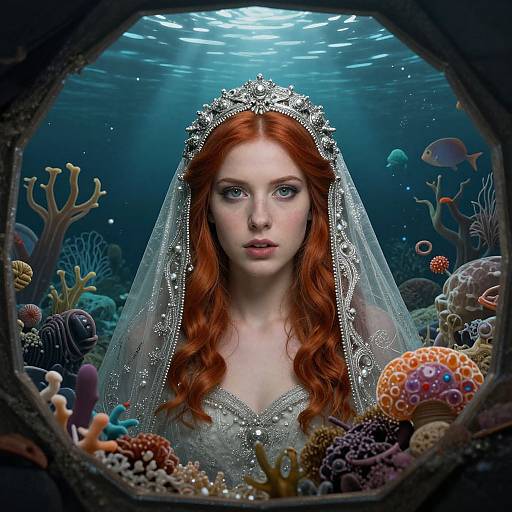 Digital art of a fair-skinned, red-haired mermaid princess in a sparkling veil, surrounded by colorful coral and fish underwater.