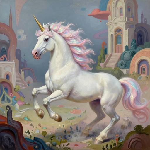 Fantastical digital painting of a white unicorn with a pink and purple mane galloping through a colorful, surreal landscape with whimsical buildings and vibrant