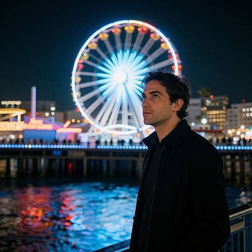 Photograph of a young man with dark hair, wearing a black jacket, standing by a brightly lit Ferris wheel at night.
