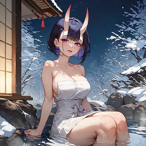 Anime-style digital artwork of a blue-haired woman with red horns, white towel dress, sitting in an icy nighttime hot spring, illuminated by a traditional wooden