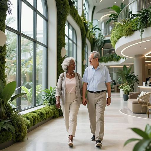 Photograph of elderly couple, woman with white hair and beige outfit, man with gray hair and blue shirt, walking in lush, green indoor garden.