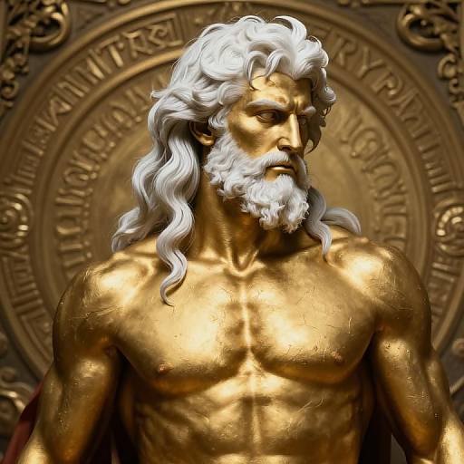 Digital artwork of a golden, muscular Zeus-like figure with long white hair and beard, standing against an ornate, circular background.
