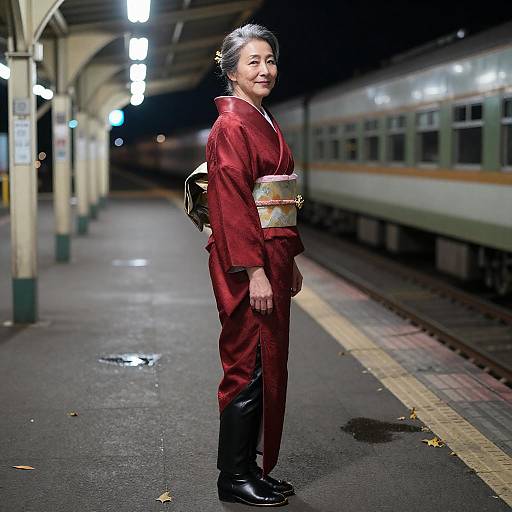 Japanese Woman in Modern Kimono at Train Station