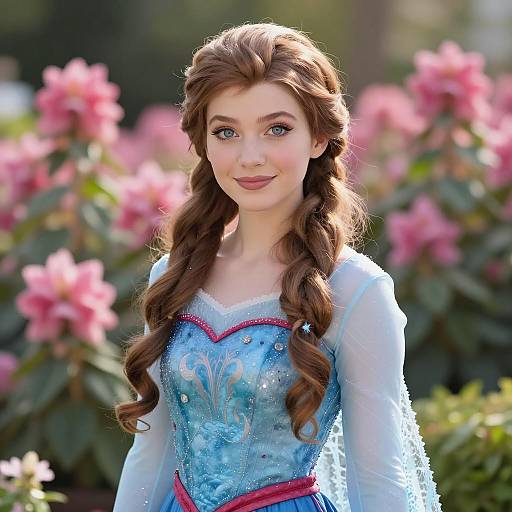 Young Woman in Blue Frozen-inspired Dress in Flower Garden