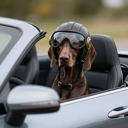 Photograph of a brown dog wearing aviator goggles, sitting in a black convertible car, with blurred greenery in the background.