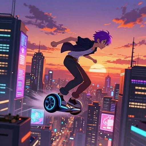 Anime-style digital artwork of a purple-haired boy riding a neon-lit hoverboard over a futuristic cityscape at sunset, with colorful skyscrapers and