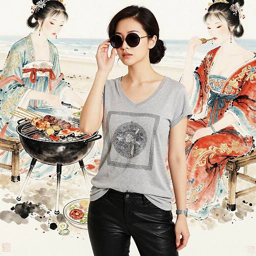 Chic Asian Woman at Beach BBQ