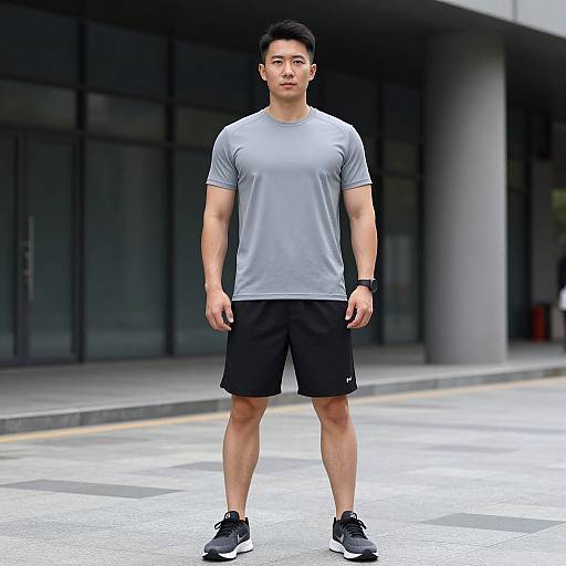 Photograph of a young Asian man standing on a city street, wearing a light gray t-shirt, black shorts, black shoes, and a black wrist