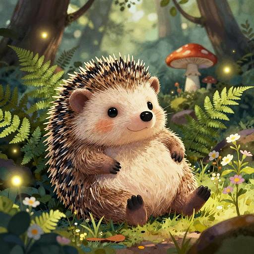 Digital illustration of a cute, chubby hedgehog with black eyes and a smile, sitting in a sunlit forest clearing surrounded by ferns, flowers,