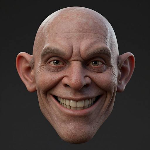 CGI-rendered, bald, grotesque, smiling face with large ears, wrinkled skin, and exaggerated features against a dark background. Hyper-real