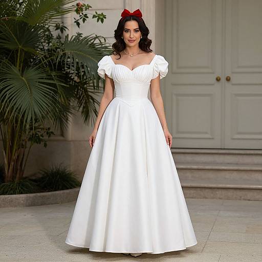 Photograph of a dark-haired woman in a white satin ball gown with puffed sleeves, red bow headband, standing in front of a white door