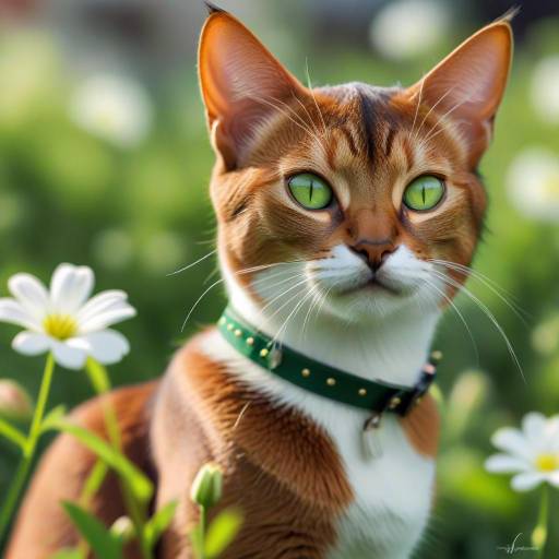 Realistic Abyssinian Cat Among Flowers