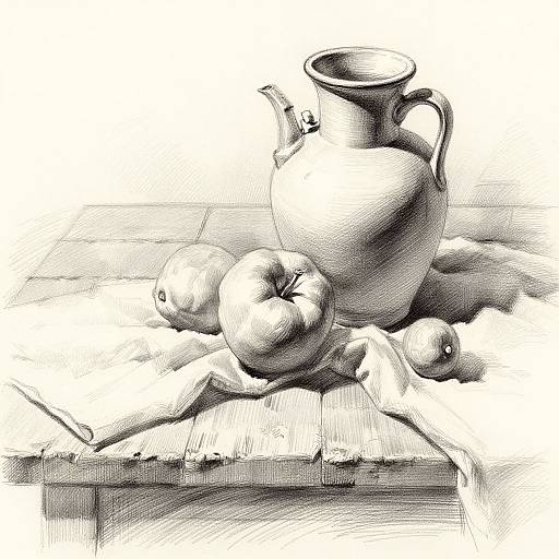 Monochrome pen and ink drawing of a ceramic jug, two apples, and two lemons on a cloth, with a wooden table background.