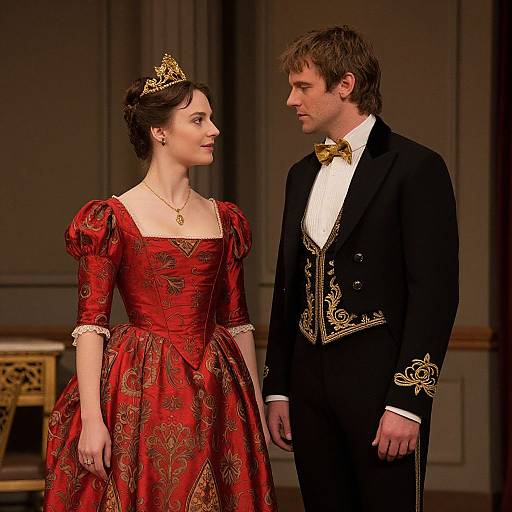 Photograph of a regal couple: a woman in a red, ornate, puffed-sleeve gown with gold embroidery and crown, and