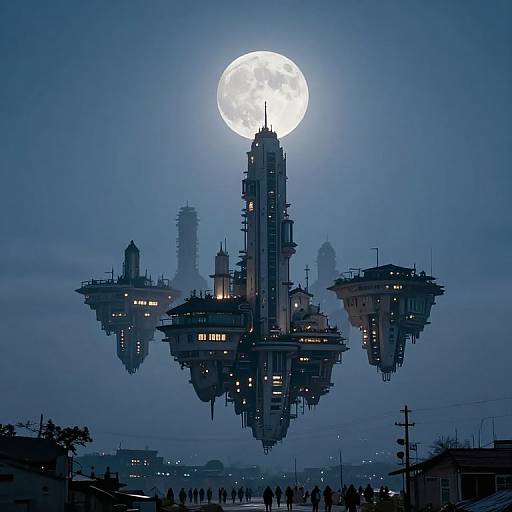 Digital artwork of floating, futuristic, dark-blue spaceship structures against a bright full moon in a twilight sky, with silhouetted figures below.