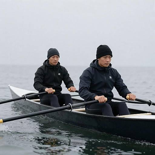 Two Men Rowing a Small Boat on Overcast Ocean