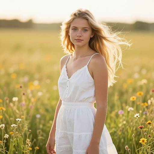 Photograph of a blonde woman with fair skin and blue eyes, wearing a white sundress, standing in a sunlit meadow filled with wildflowers