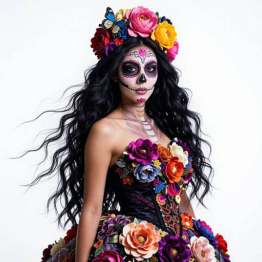 Photograph of a woman in a vibrant Day of the Dead costume, adorned with colorful floral headpiece and dress, dark wavy hair, face painted