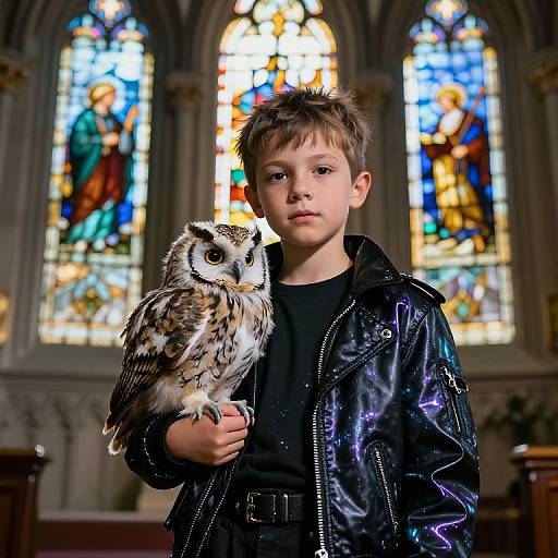 Photograph of a young boy with spiky brown hair, wearing a black leather jacket, holding an owl in a brightly colored stained glass church.