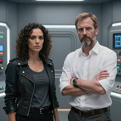 Serious people in futuristic metallic room