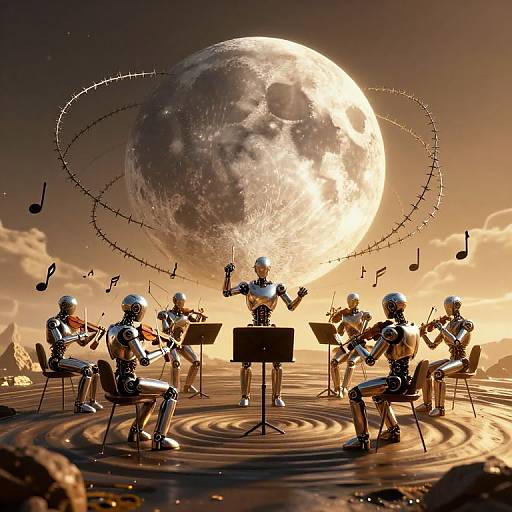 Digital art: Six metallic robot musicians playing instruments, performing in front of a giant moon with musical notes circling, on a reflective water surface at sunset