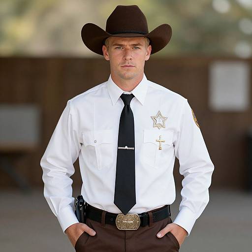 Photograph of a serious, blue-eyed Caucasian male police officer with a black cowboy hat, white shirt, black tie, and badge, standing outdoors with