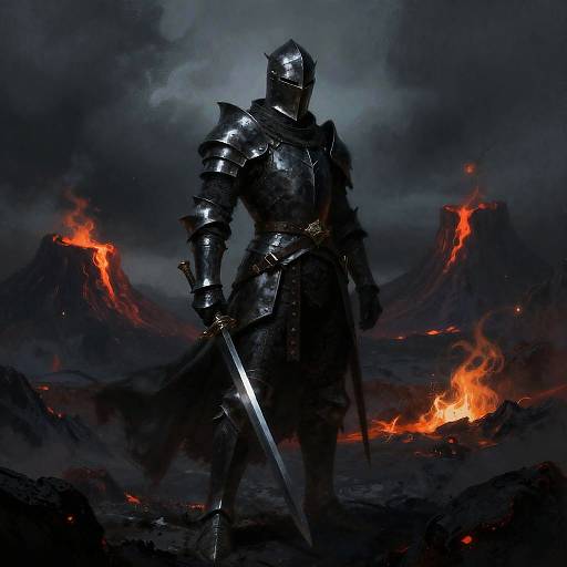 Expressionist Shadow Knight in Volcanic Wasteland