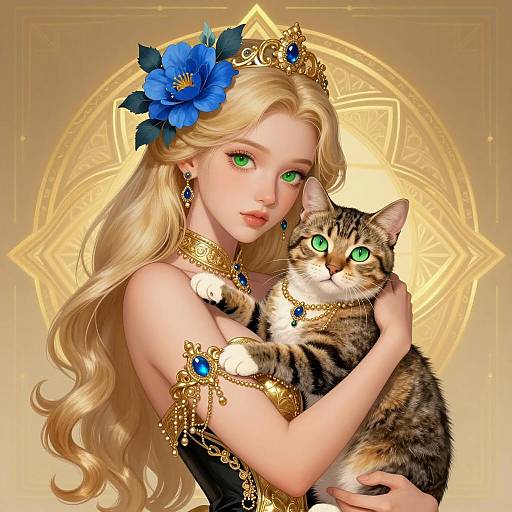 Elegant Woman with Cat and Floral Headpiece