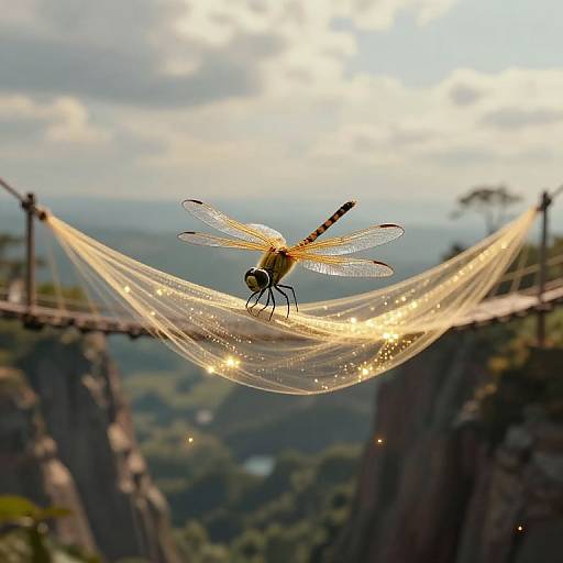 Photograph of a golden dragonfly perched on a sparkling, sunlit hammock between rocky cliffs, with a lush, distant forest and cloudy sky