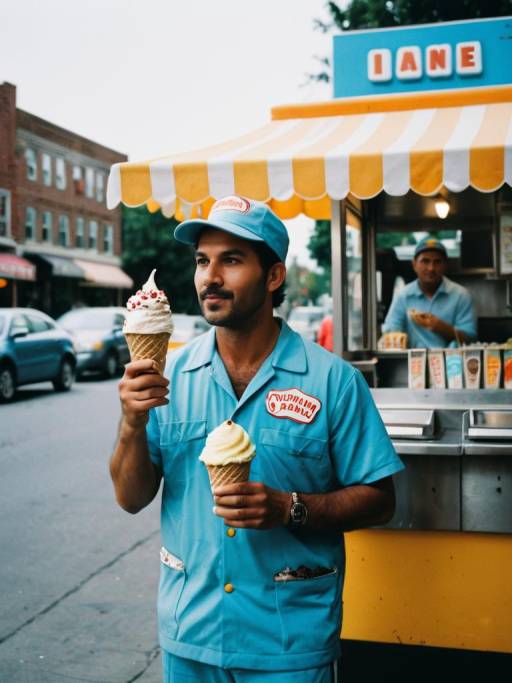 Man in Ice Cream Vendor Costume Holding Ice Cream Cones