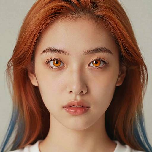 Photorealistic digital portrait of a young woman with fair skin, vibrant orange-brown eyes, and long red-brown hair with blue tips, against