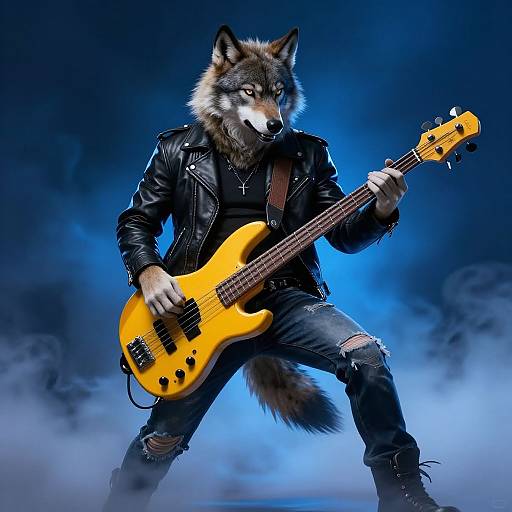 Digital artwork of an anthropomorphic wolf wearing a black leather jacket and ripped jeans, playing a yellow electric guitar on a smoky blue stage.