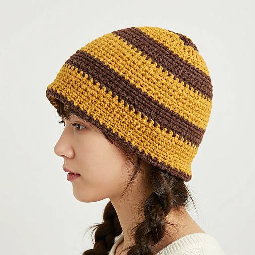 Photograph of a young woman with fair skin and dark brown braided hair, wearing a crocheted yellow and brown striped beanie, profile view