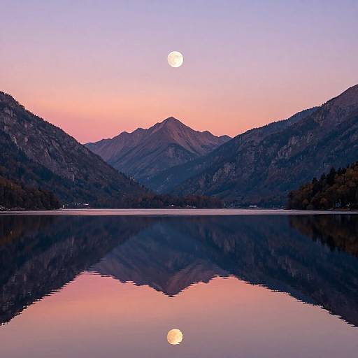Photograph of serene mountain lake at sunset with pink and purple sky, full moon reflected in still water, surrounded by dark forested hills.