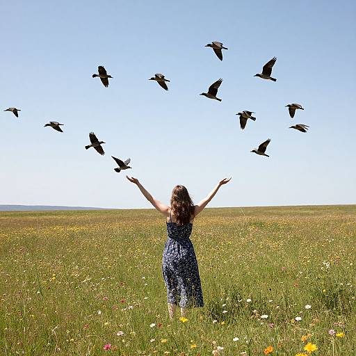 Photograph of a woman with long brown hair in a blue floral dress, arms raised, standing in a sunny meadow, surrounded by flying black birds