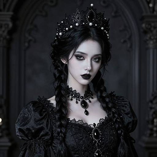 Gothic-style digital portrait of a pale, dark-haired woman with black lipstick, braided hair, black lace dress, and ornate crown,