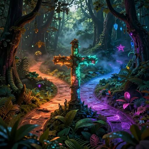 Vibrant digital fantasy forest: glowing neon cross on winding path, surrounded by bioluminescent mushrooms, mist, and colorful star ornaments.