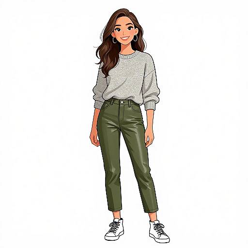 Digital illustration of a young woman with long brown hair, wearing a white sweater, olive green pants, and white sneakers, standing against a white background.