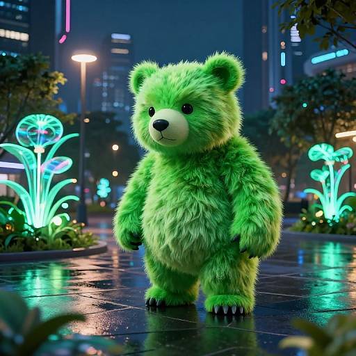 Photorealistic CGI: Bright green, fluffy teddy bear standing on a wet, neon-lit city street at night, with glowing plant sculptures on